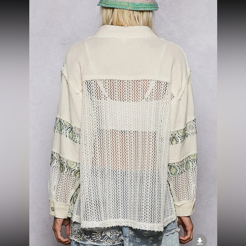 POL. π Cream and Green Patchwork Button-Up Shacket With Mesh Detailing - Picture 2 of 4